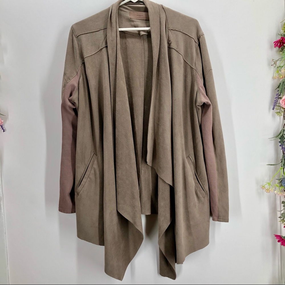 BlankNYC taupe faux Vegan suede waterfall open front jacket